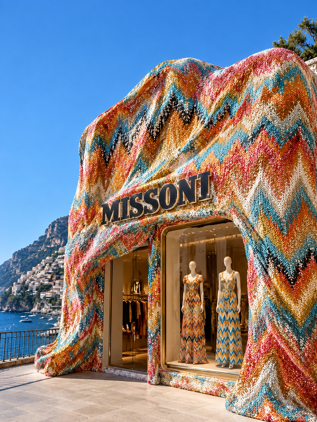 Missoni boutique wrapped in colorful knit fabric on the Amalfi Coast
